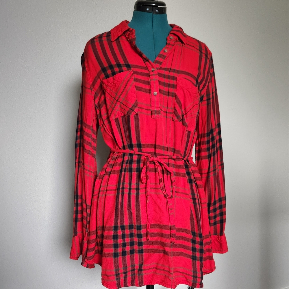 Maternity Long Sleeve Red Plaid Flannel Tunic Large